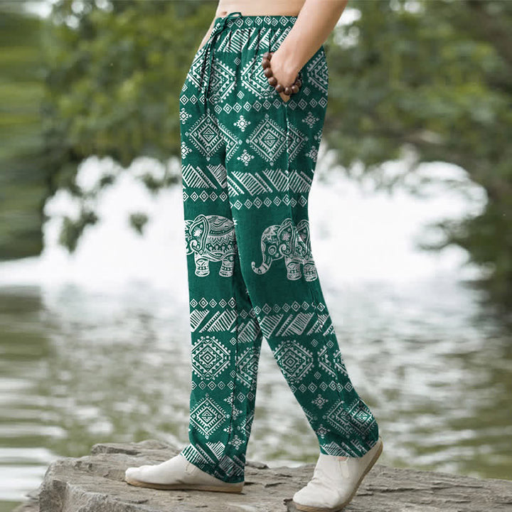 Buddha Stones Cotton Elephant Tribal Pattern Men's Tapered Pants With Pockets - image 1