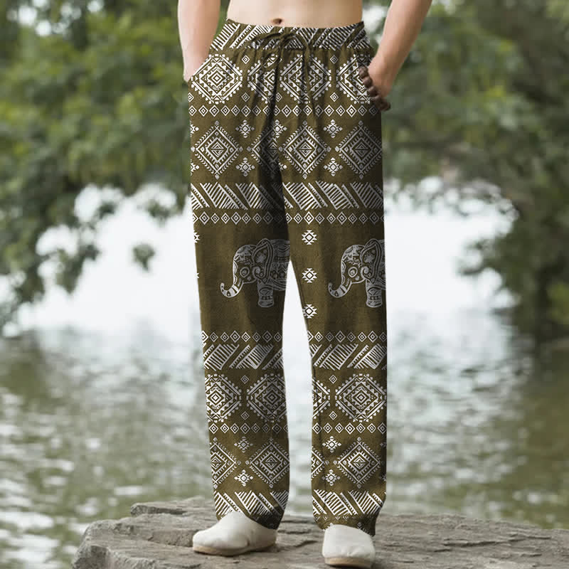 Buddha Stones Cotton Elephant Tribal Pattern Men's Tapered Pants With Pockets - Olive - US/UK/AU50，EU60 (5XL) - image 6