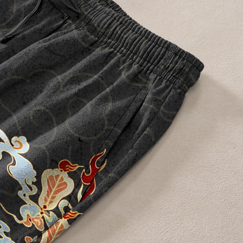 Buddha Stones Cotton White Crane Auspicious Clouds And Pavilion Lotus Pattern Men's Tapered Pants With Pockets - image 2