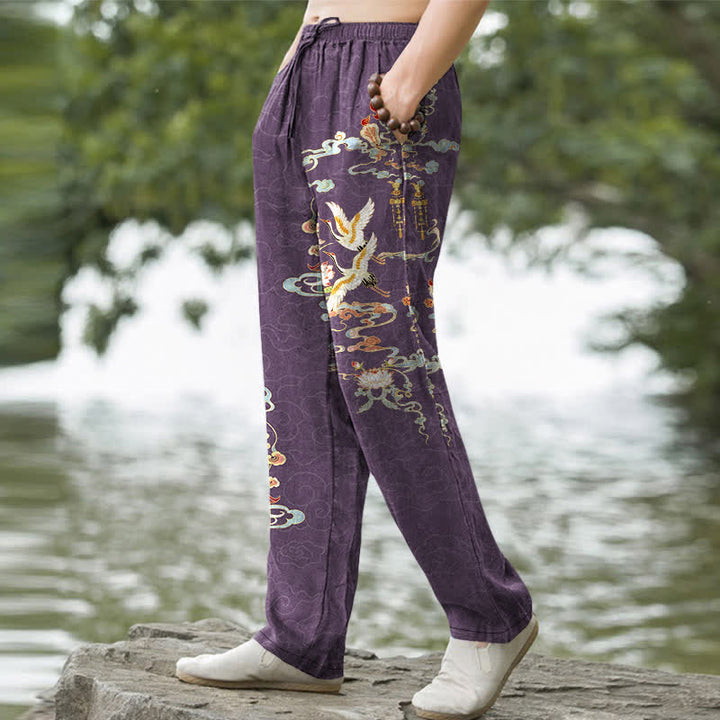 Buddha Stones Cotton White Crane Auspicious Clouds And Pavilion Lotus Pattern Men's Tapered Pants With Pockets - image 5