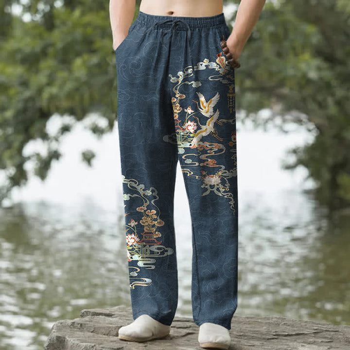 Buddha Stones Cotton White Crane Auspicious Clouds And Pavilion Lotus Pattern Men's Tapered Pants With Pockets - SteelBlue - US/UK/AU50，EU60 (5XL) - image 6