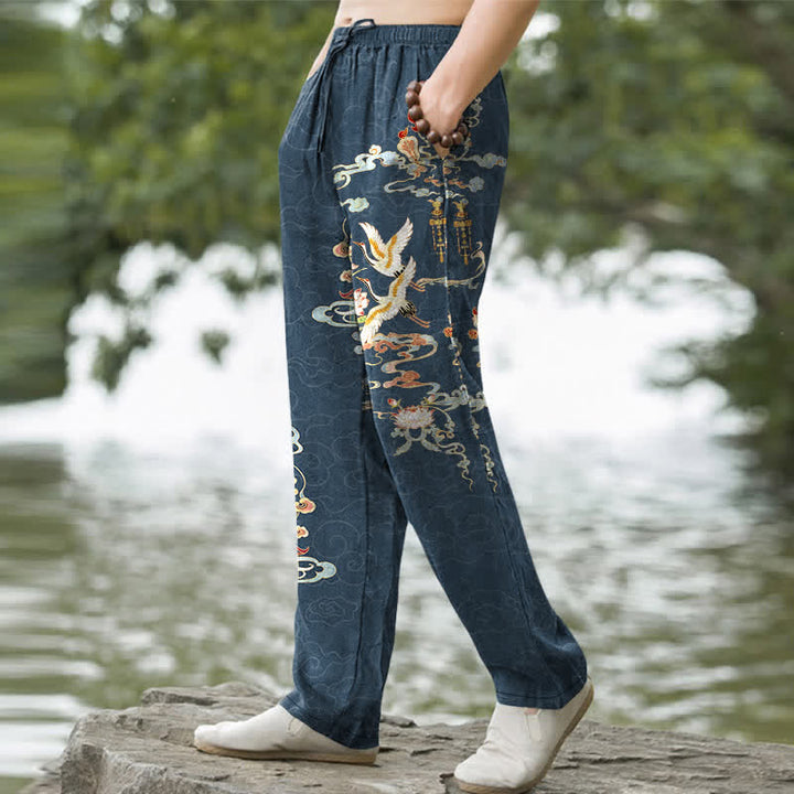 Buddha Stones Cotton White Crane Auspicious Clouds And Pavilion Lotus Pattern Men's Tapered Pants With Pockets - image 7
