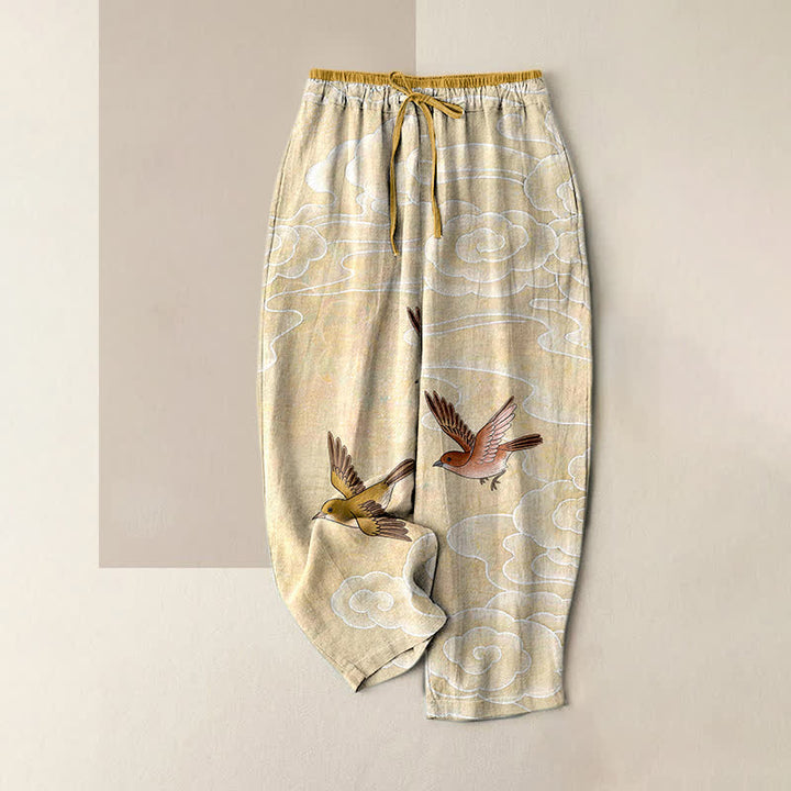 Buddha Stones Pure Cotton Cloud and Flying Bird Pattern Women's Elastic Waist Pants With Pockets - LemonChiffon - US16，UK/AU20，EU48 (3XL) - image 0