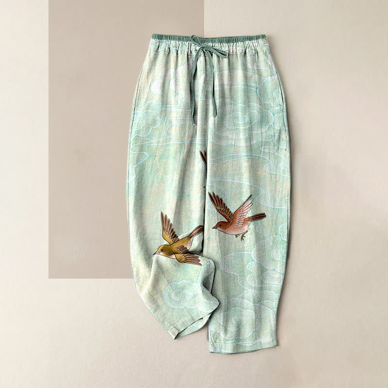Buddha Stones Pure Cotton Cloud and Flying Bird Pattern Women's Elastic Waist Pants With Pockets - PaleTurquoise - US16，UK/AU20，EU48 (3XL) - image 3