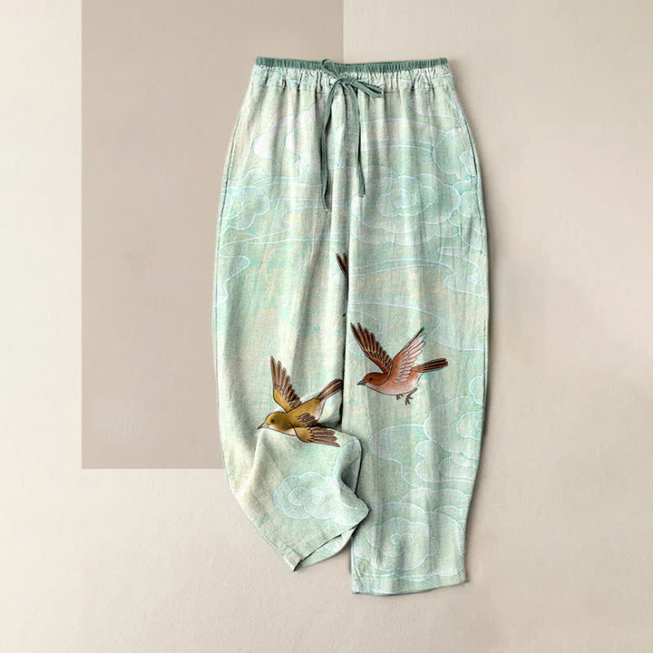 Buddha Stones Pure Cotton Cloud and Flying Bird Pattern Women's Elastic Waist Pants With Pockets - PaleTurquoise - US16，UK/AU20，EU48 (3XL) - image 3