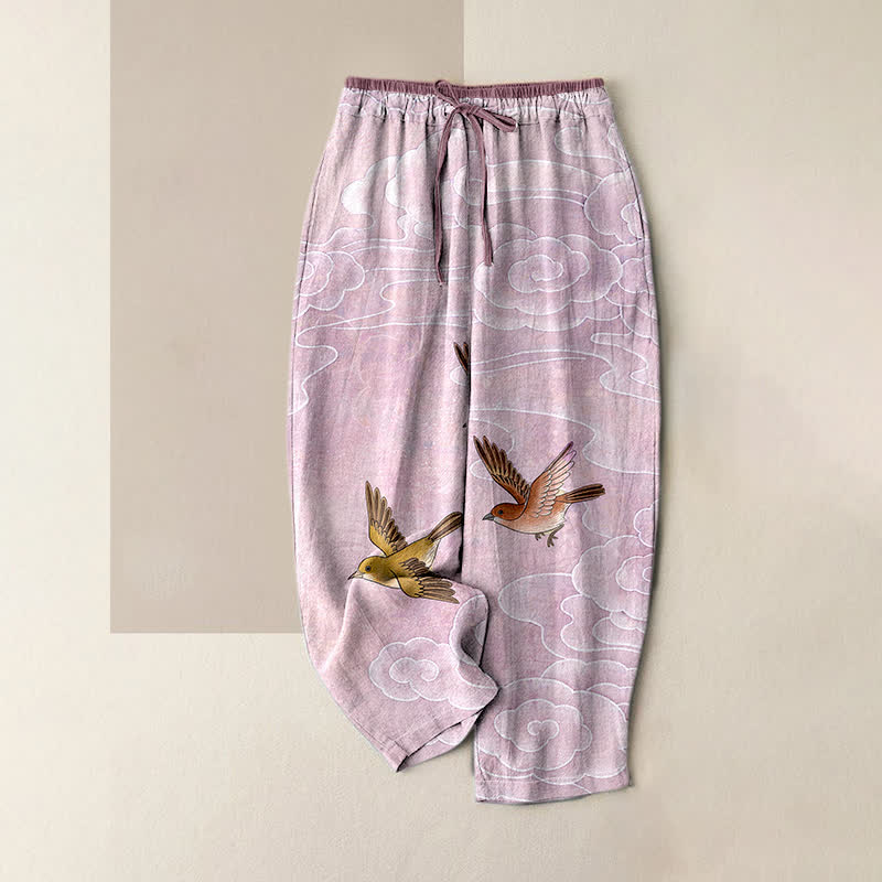 Buddha Stones Pure Cotton Cloud and Flying Bird Pattern Women's Elastic Waist Pants With Pockets - Plum - US16，UK/AU20，EU48 (3XL) - image 4