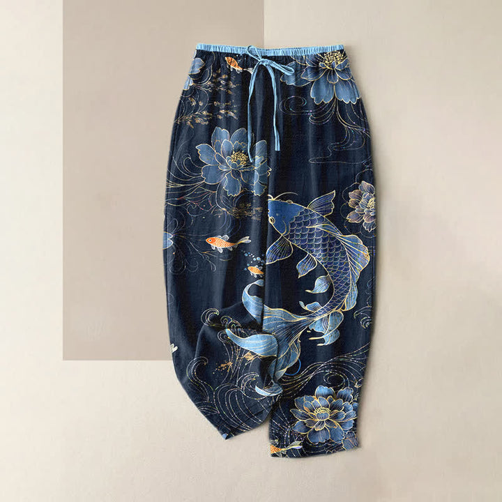 Buddha Stones Pure Cotton Koi Fish Lotus Pattern Women's Elastic Waist Pants With Pockets - Navy - US16，UK/AU20，EU48 (3XL) - image 0