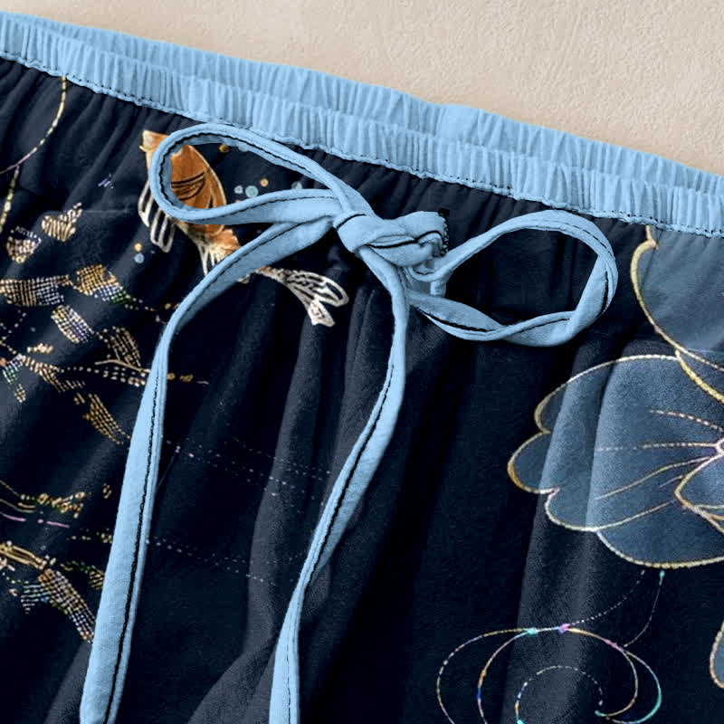 Buddha Stones Pure Cotton Koi Fish Lotus Pattern Women's Elastic Waist Pants With Pockets - image 1