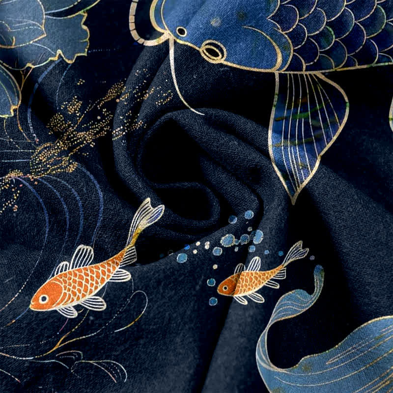 Buddha Stones Pure Cotton Koi Fish Lotus Pattern Women's Elastic Waist Pants With Pockets - image 3