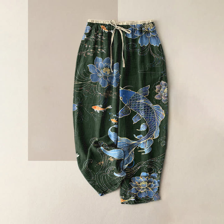 Buddha Stones Pure Cotton Koi Fish Lotus Pattern Women's Elastic Waist Pants With Pockets - DarkGreen - US16，UK/AU20，EU48 (3XL) - image 4