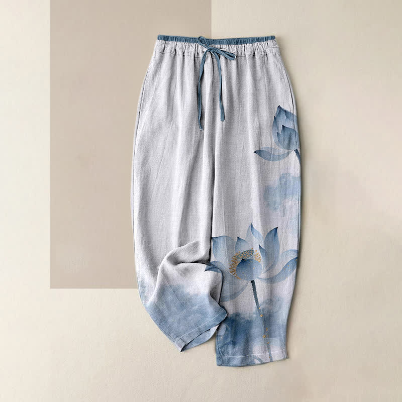 Buddha Stones Pure Cotton Lotus Ink Pattern Women's Elastic Waist Pants With Pockets - LightBlue - US16，UK/AU20，EU48 (3XL) - image 0