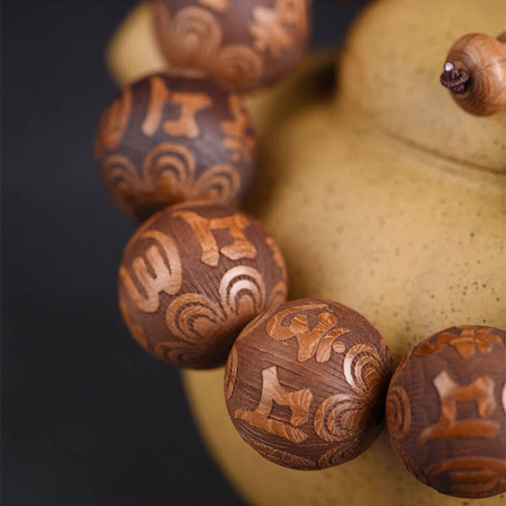 Buddha Stones Natural Abelia Biflora Wood Heart Sutra Om Mani Padme Hum Bracelet - image 2