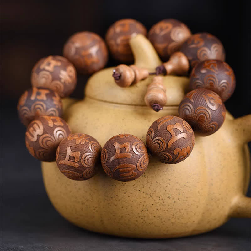 Buddha Stones Natural Abelia Biflora Wood Heart Sutra Om Mani Padme Hum Bracelet - image 1