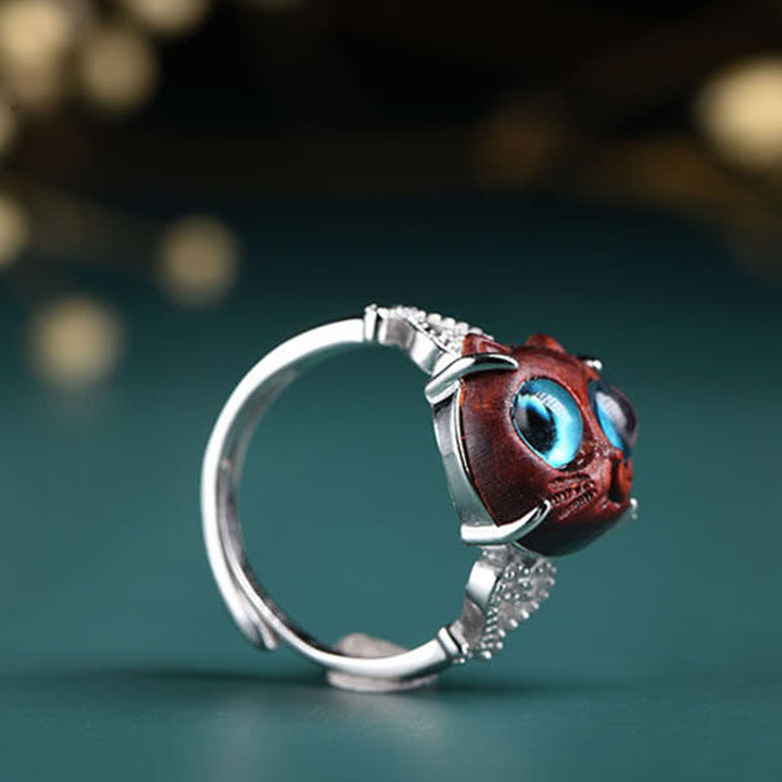Buddha Stones Small Leaf Red Sandalwood Cat Longevity Adjustable Ring - image 2