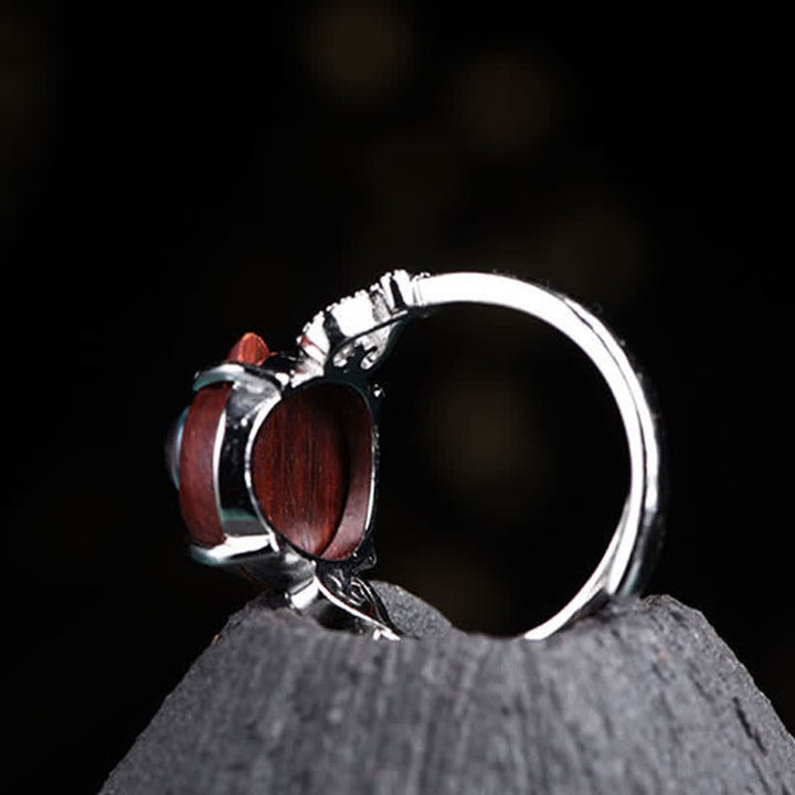 Buddha Stones Small Leaf Red Sandalwood Cat Longevity Adjustable Ring - image 3