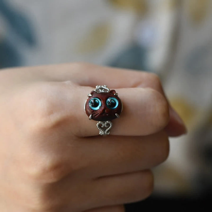 Buddha Stones Small Leaf Red Sandalwood Cat Longevity Adjustable Ring - image 6