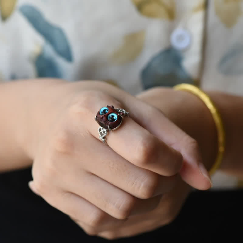 Buddha Stones Small Leaf Red Sandalwood Cat Longevity Adjustable Ring - image 8