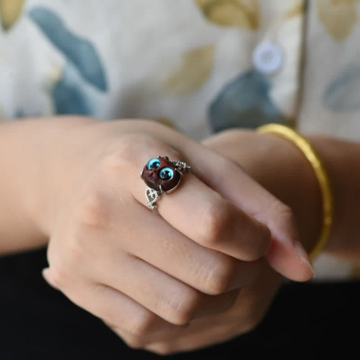 Buddha Stones Small Leaf Red Sandalwood Cat Longevity Adjustable Ring - image 8