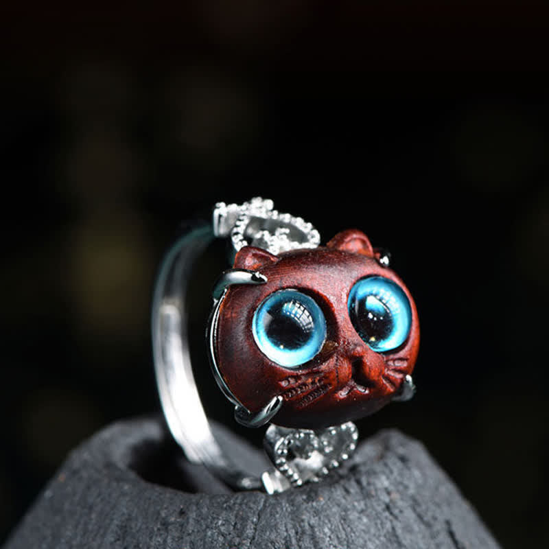 Buddha Stones Small Leaf Red Sandalwood Cat Longevity Adjustable Ring - image 1