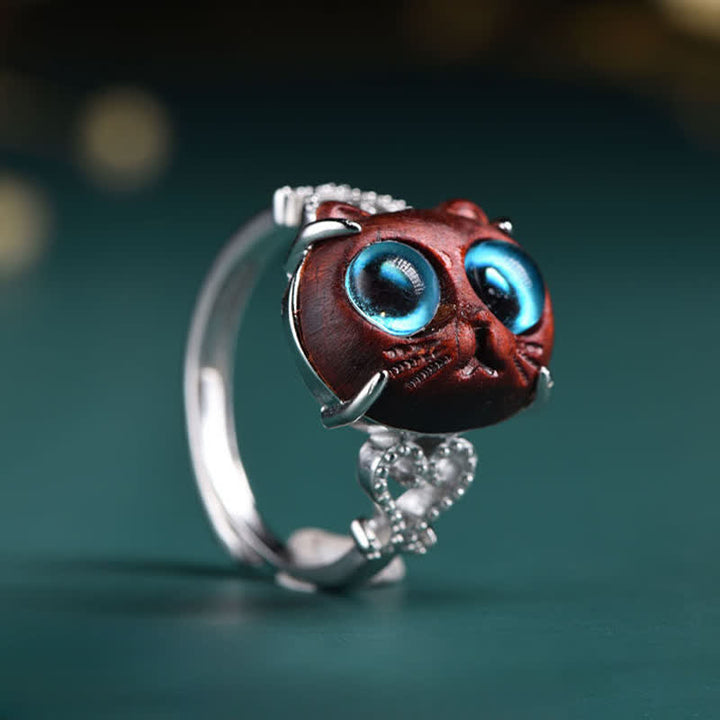 Buddha Stones Small Leaf Red Sandalwood Cat Longevity Adjustable Ring - Small Leaf Red Sandalwood(Longevity ♥ Protection) - image 0