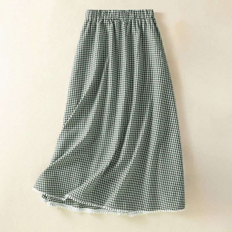 Buddha Stones Summer Vintage Green Plaid Women's Skirts With Pockets - image 1