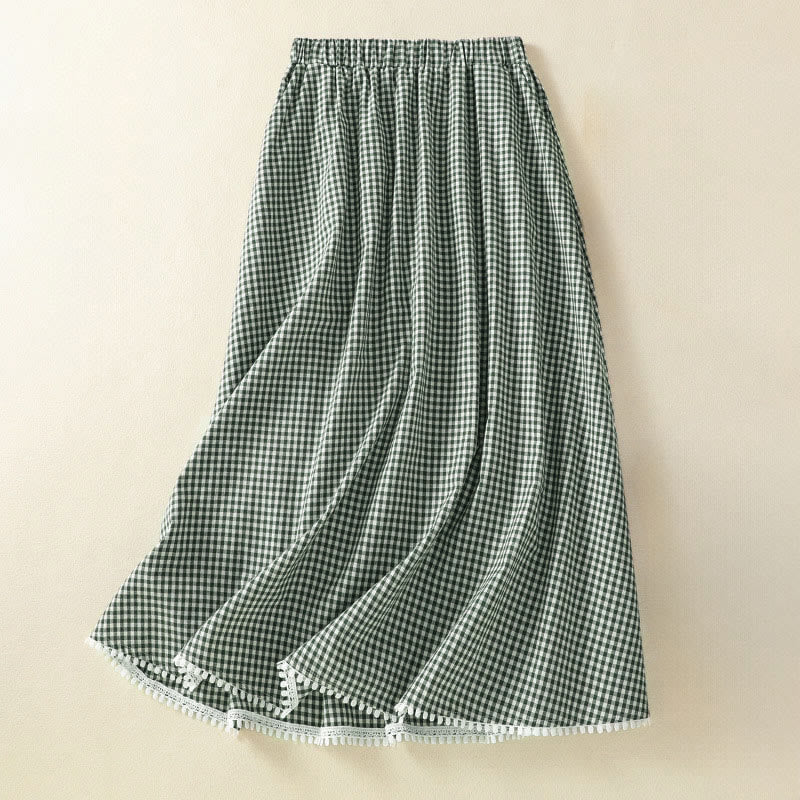 Buddha Stones Summer Vintage Green Plaid Women's Skirts With Pockets - MediumAquamarine - US8-10, UK/AU12-14, EU40-42 (2XL) - image 0