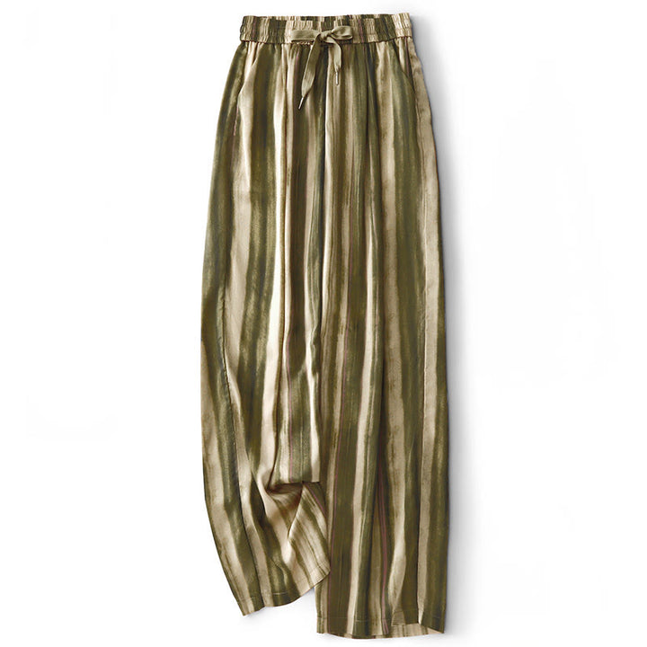 Buddha Stones Summer Casual Elegant Drawstring Vertical Striped Long Pants Women's Straight Leg Pants With Pockets - DarkKhaki - US8-10, UK/AU12-14, EU40-42 (2XL) - image 0