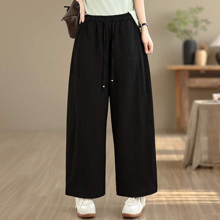 Buddha Stones Summer Casual Drawstring Solid Cropped Pants Women's Wide Leg Pants With Pockets - Black - US12, UK/AU16, EU44 (2XL) - image 7