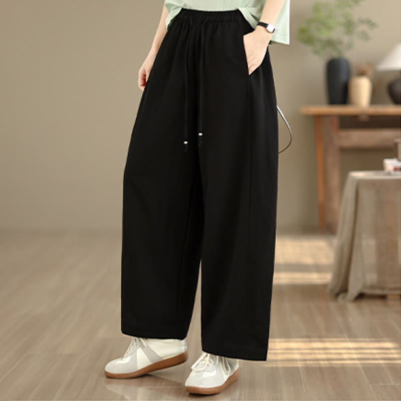 Buddha Stones Summer Casual Drawstring Solid Cropped Pants Women's Wide Leg Pants With Pockets - image 9