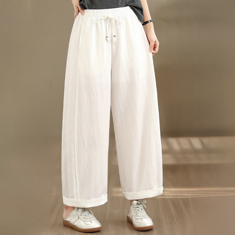 Buddha Stones Summer Casual Drawstring Solid Cropped Pants Women's Wide Leg Pants With Pockets - image 2