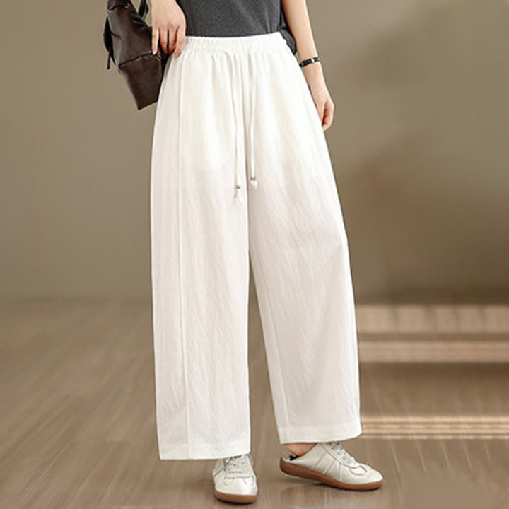 Buddha Stones Summer Casual Drawstring Solid Cropped Pants Women's Wide Leg Pants With Pockets - image 5
