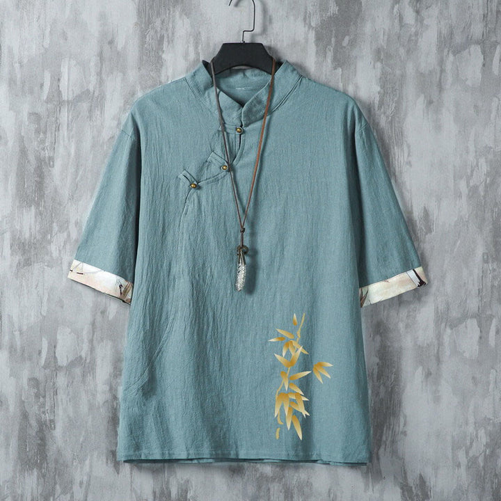 Buddha Stones Summer Tang Style Casual Frog Button Bamboo Men's Short Sleeve Shirts - CadetBlue - US/UK/AU46，EU56 (5XL) - image 0