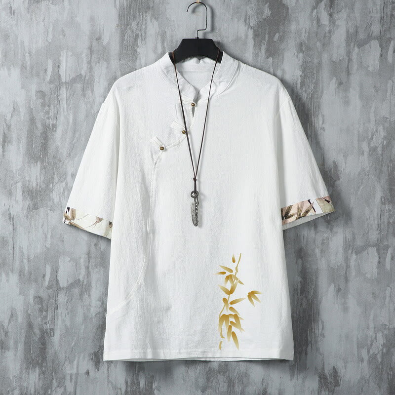 Buddha Stones Summer Tang Style Casual Frog Button Bamboo Men's Short Sleeve Shirts - White - US/UK/AU46，EU56 (5XL) - image 2