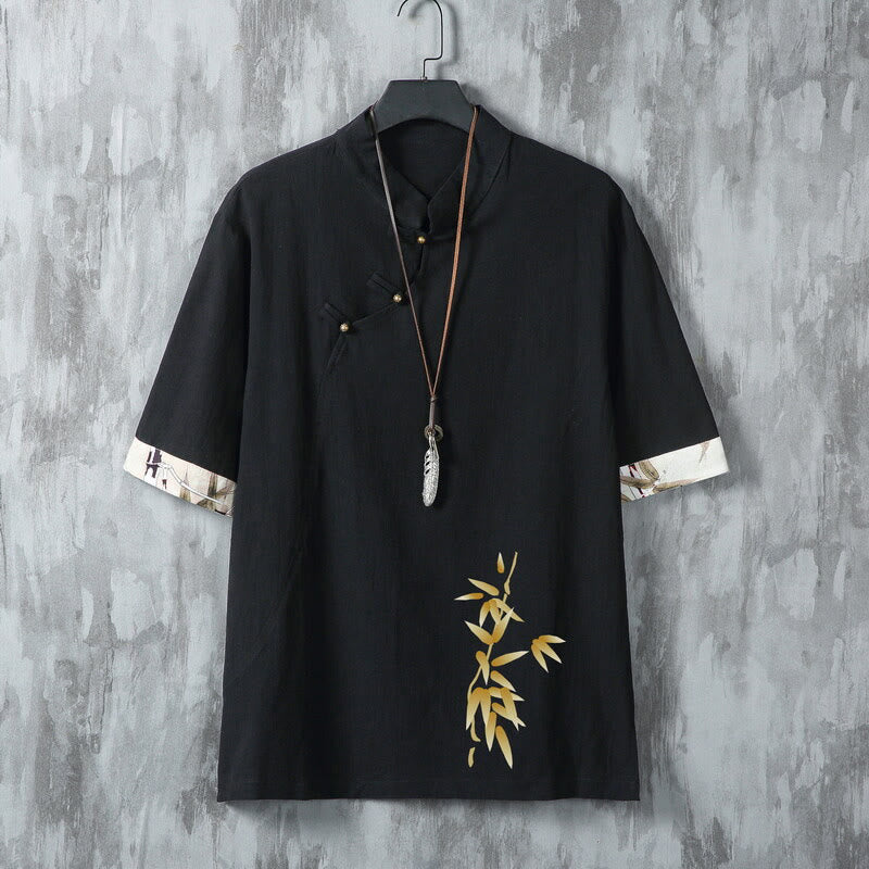 Buddha Stones Summer Tang Style Casual Frog Button Bamboo Men's Short Sleeve Shirts - Black - US/UK/AU46，EU56 (5XL) - image 1