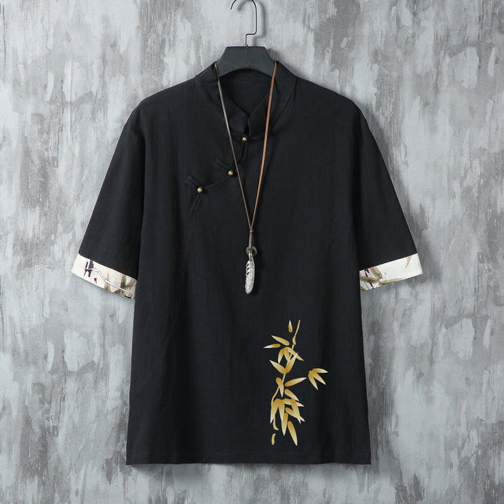 Buddha Stones Summer Tang Style Casual Frog Button Bamboo Men's Short Sleeve Shirts - Black - US/UK/AU46，EU56 (5XL) - image 1