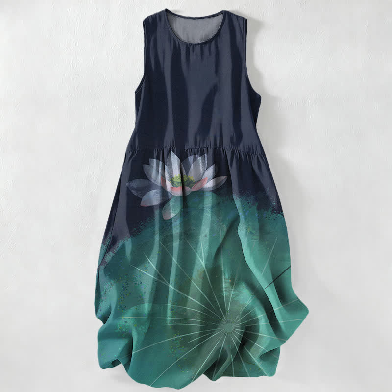 Buddha Stones Summer Casual Lotus Pond Pattern Women's Summer Sleeveless Midi Dress With Pockets - image 0
