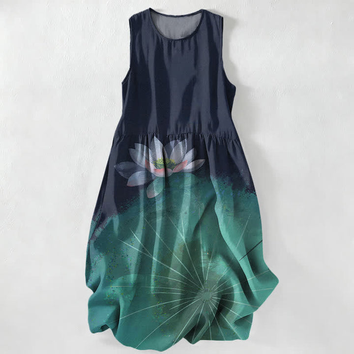 Buddha Stones Summer Casual Lotus Pond Pattern Women's Summer Sleeveless Midi Dress With Pockets - image 0