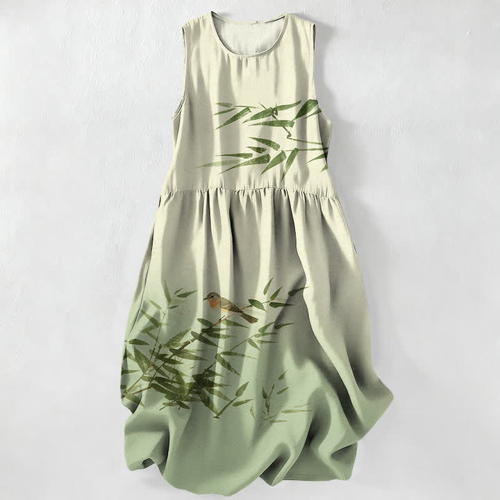 Buddha Stones Summer Casual Bamboo Bird Pattern Women's Summer Sleeveless Midi Dress With Pockets - PaleGreen - US16，UK/AU20，EU48 (3XL) - image 5