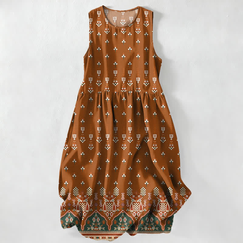 Buddha Stones Summer Casual Bohemian Geometric Floral Border Pattern Women's Summer Sleeveless Midi Dress With Pockets - Peru - US16，UK/AU20，EU48 (3XL) - image 0