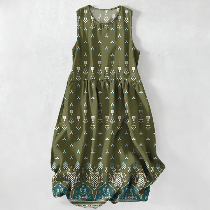 Buddha Stones Summer Casual Bohemian Geometric Floral Border Pattern Women's Summer Sleeveless Midi Dress With Pockets - Olive - US16，UK/AU20，EU48 (3XL) - image 4