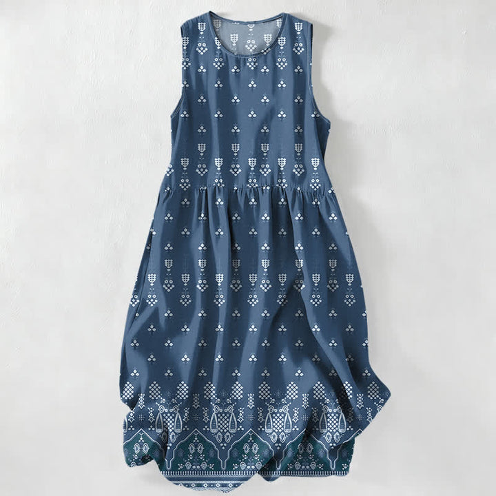 Buddha Stones Summer Casual Bohemian Geometric Floral Border Pattern Women's Summer Sleeveless Midi Dress With Pockets - SteelBlue - US16，UK/AU20，EU48 (3XL) - image 5