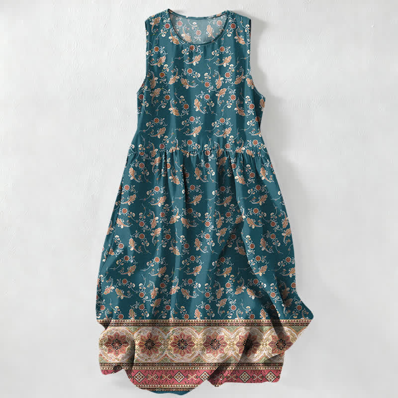 Buddha Stones Summer Casual Floral Vine Border Pattern Women's Summer Sleeveless Midi Dress With Pockets - Teal - US16，UK/AU20，EU48 (3XL) - image 0