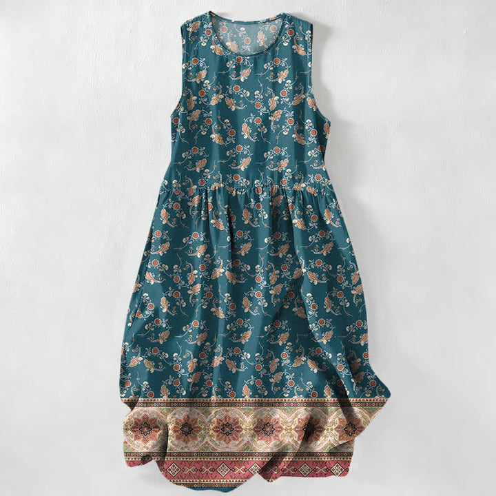 Buddha Stones Summer Casual Floral Vine Border Pattern Women's Summer Sleeveless Midi Dress With Pockets - Teal - US16，UK/AU20，EU48 (3XL) - image 0