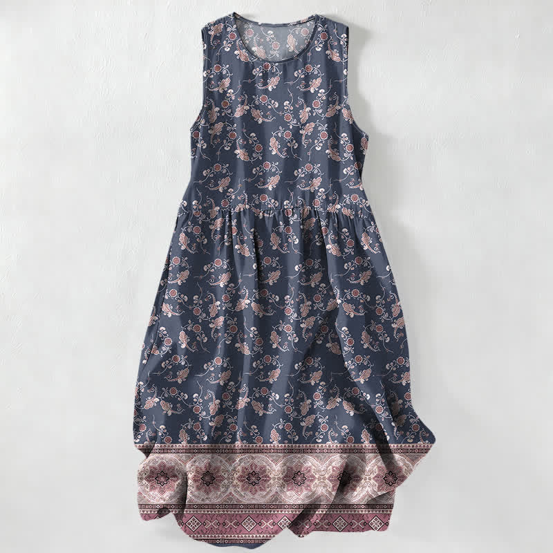 Buddha Stones Summer Casual Floral Vine Border Pattern Women's Summer Sleeveless Midi Dress With Pockets - SlateGray - US16，UK/AU20，EU48 (3XL) - image 4