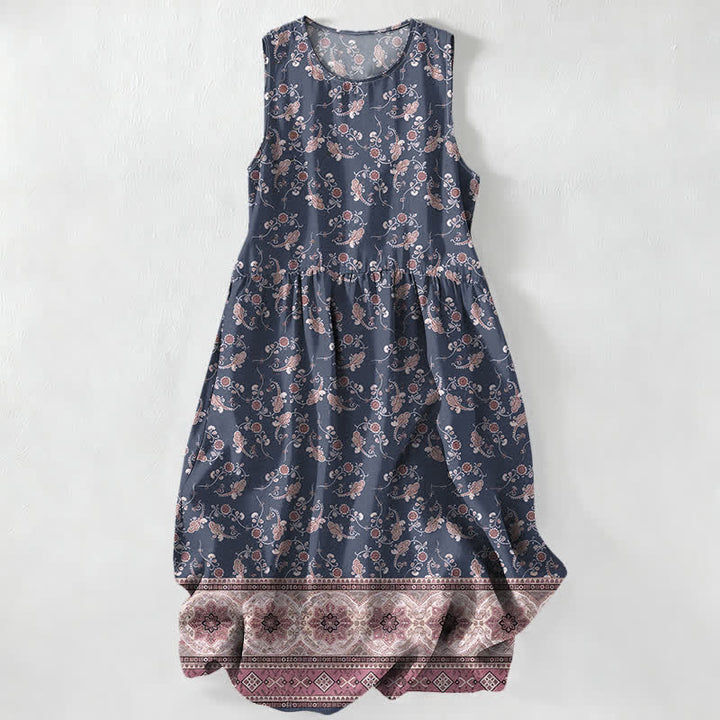 Buddha Stones Summer Casual Floral Vine Border Pattern Women's Summer Sleeveless Midi Dress With Pockets - SlateGray - US16，UK/AU20，EU48 (3XL) - image 4