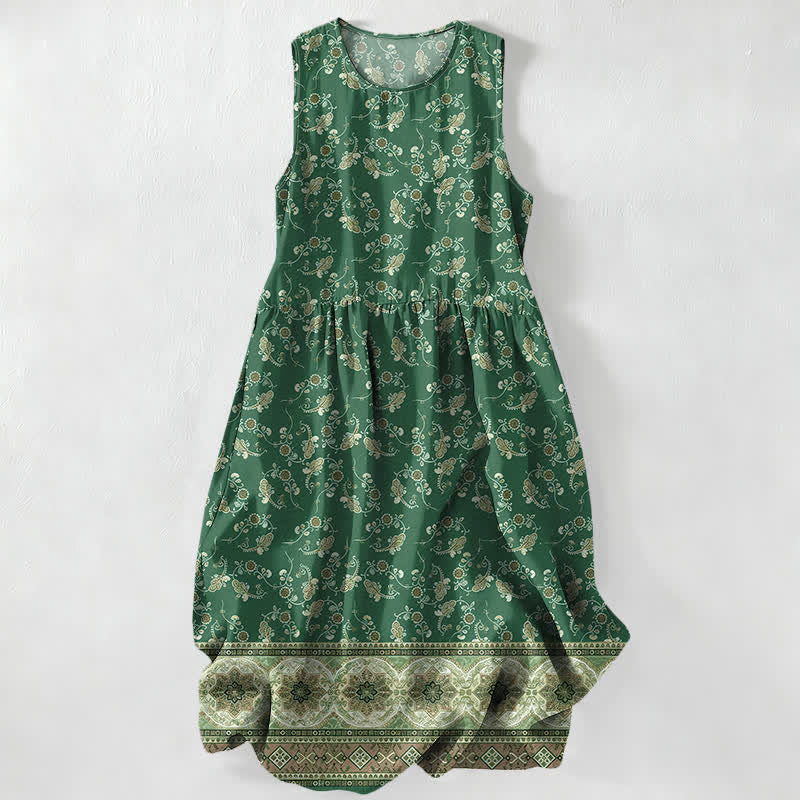 Buddha Stones Summer Casual Floral Vine Border Pattern Women's Summer Sleeveless Midi Dress With Pockets - ForestGreen - US16，UK/AU20，EU48 (3XL) - image 5