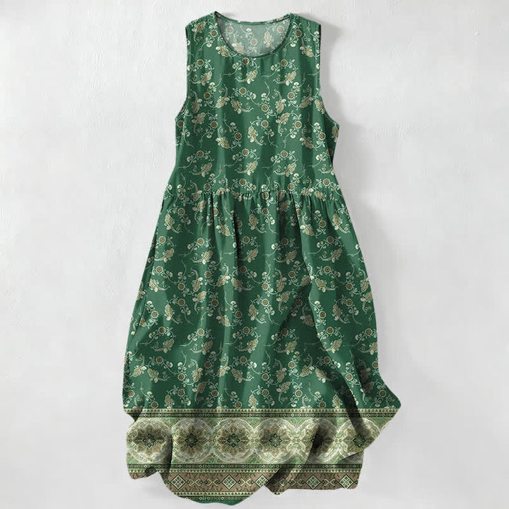 Buddha Stones Summer Casual Floral Vine Border Pattern Women's Summer Sleeveless Midi Dress With Pockets - ForestGreen - US16，UK/AU20，EU48 (3XL) - image 5