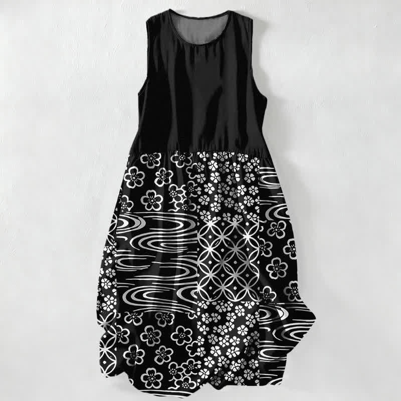 Buddha Stones Summer Casual Wave Floral Patchwork Pattern Women's Summer Sleeveless Midi Dress With Pockets - Black - US16，UK/AU20，EU48 (3XL) - image 0