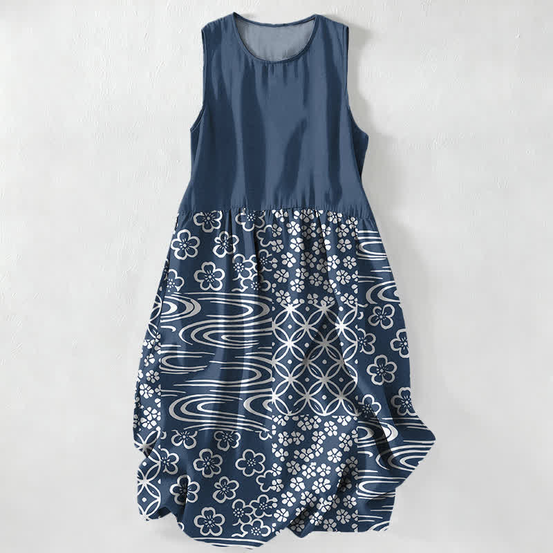 Buddha Stones Summer Casual Wave Floral Patchwork Pattern Women's Summer Sleeveless Midi Dress With Pockets - Navy - US16，UK/AU20，EU48 (3XL) - image 4
