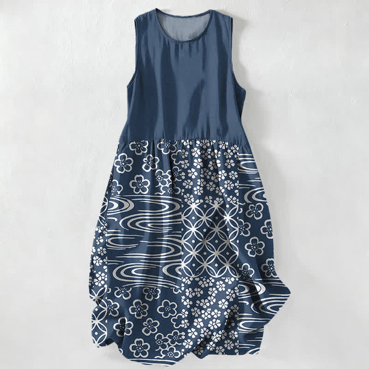 Buddha Stones Summer Casual Wave Floral Patchwork Pattern Women's Summer Sleeveless Midi Dress With Pockets - Navy - US16，UK/AU20，EU48 (3XL) - image 4